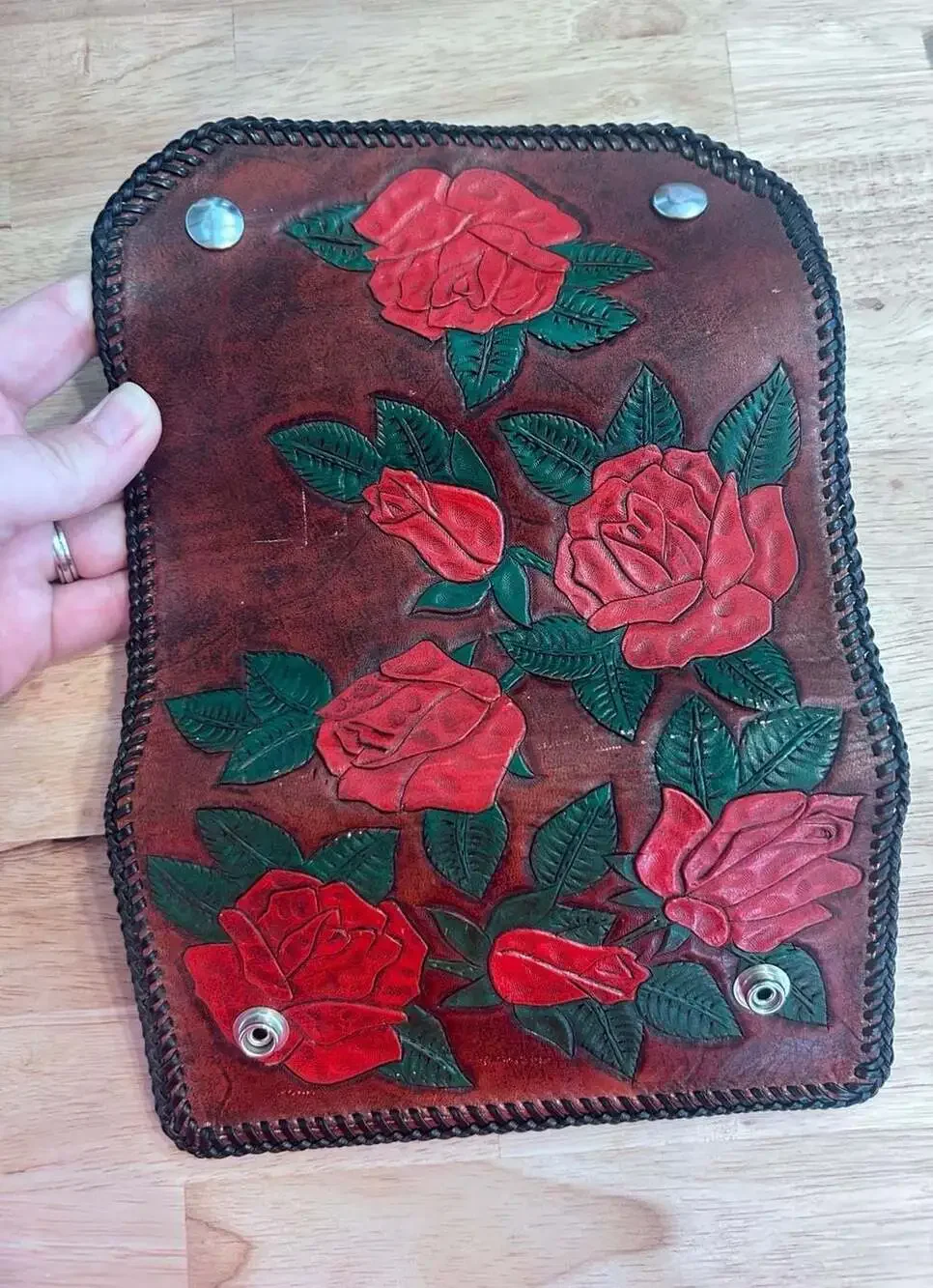 Hand Tooled and Hand Painted Leather Trifold Long Wallet with Rose Floral Design
